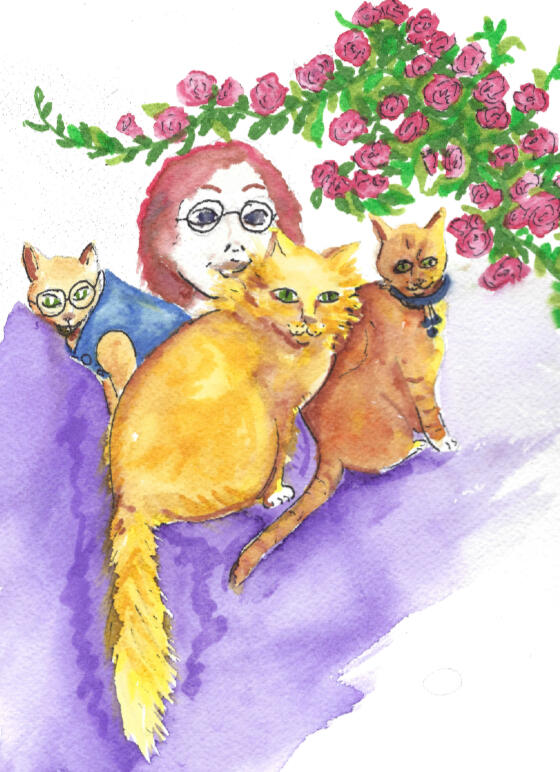 3 cats and Faerie Watercolor of three orange cats, the cat on the left is wearing a blue waistcoat and glasses, and a redheaded woman in glasses, under a climbing red rose.
